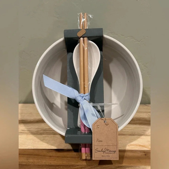 Sunday Morning Ceramics Floral Noodle Bowl with Spoon & Chopsticks. NWTS! - Picture 7 of 11